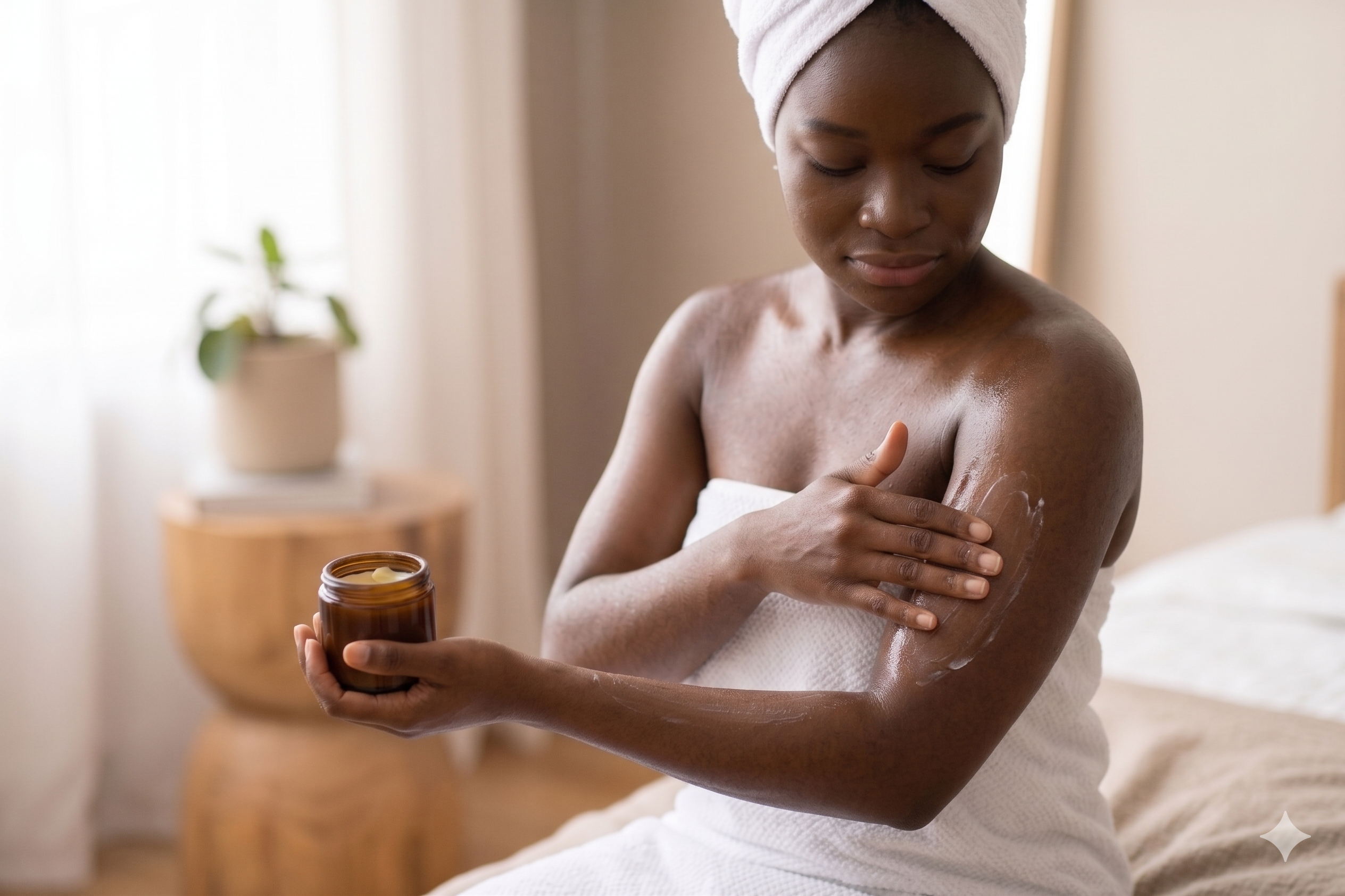 A person applying moisturiser to slightly damp skin after bathing, photographed in warm natural light.