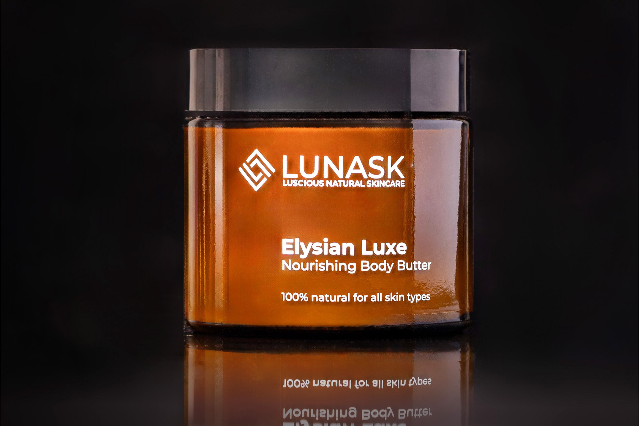 Elysian Luxe Nourishing Body Butter 250g amber glass jar by Lunask — 100% natural body butter rooted in West African heritage