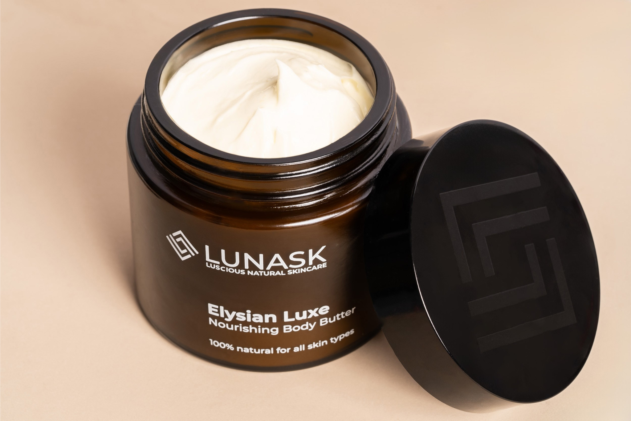 Elysian Luxe Nourishing Body Butter open jar by Lunask — natural shea butter body butter suitable for all skin types